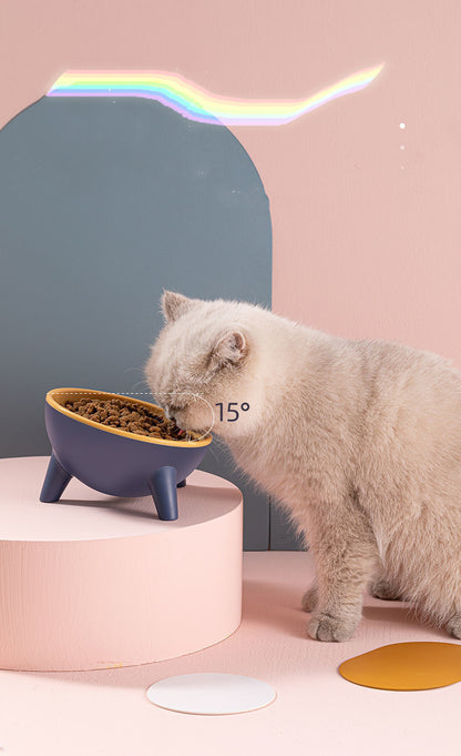 Katze frisst aus einem erhöhten Futternapf mit Neigung